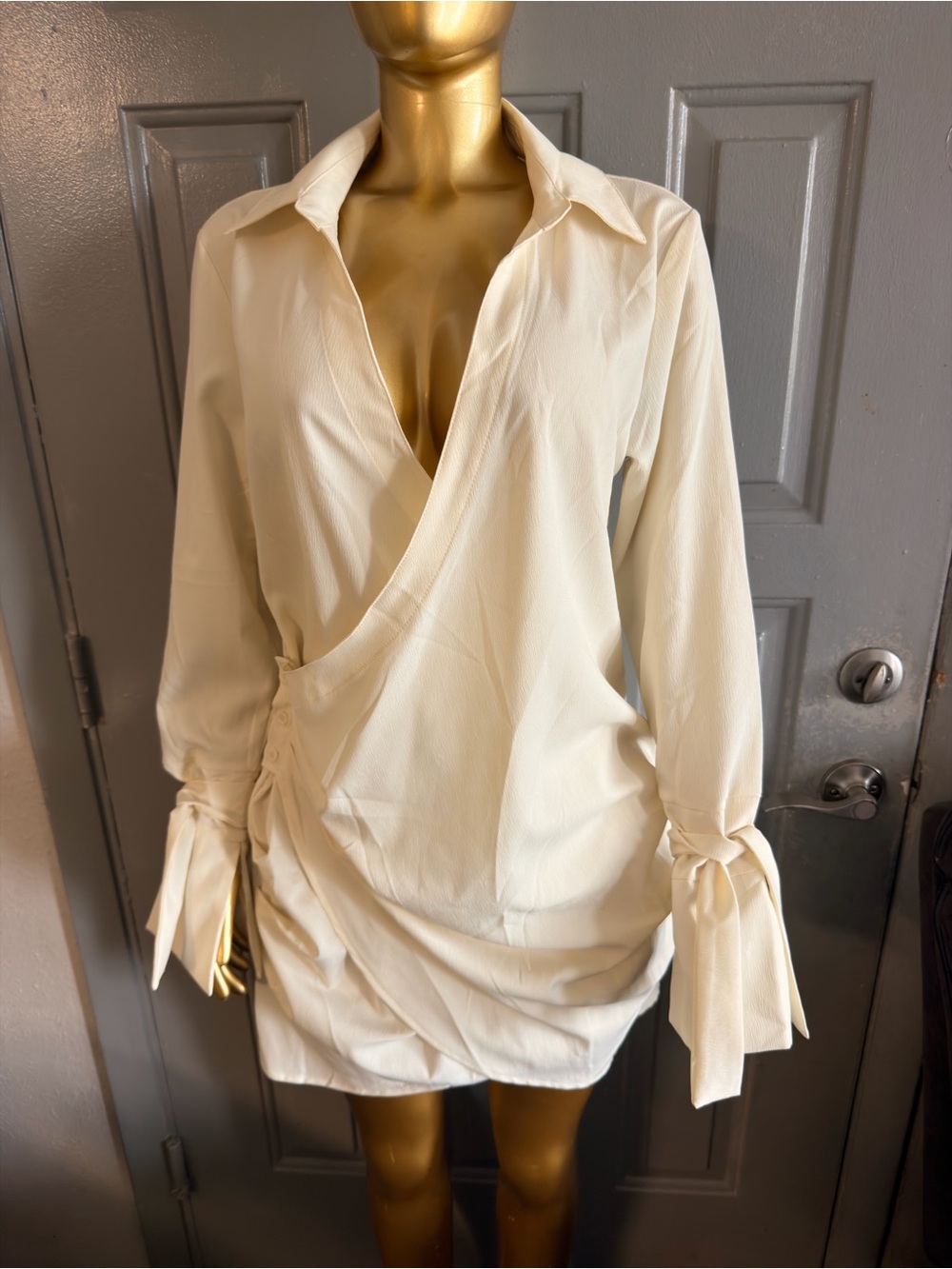 Cream Wrap-Front Long Sleeve Tunic with Tie Cuffs